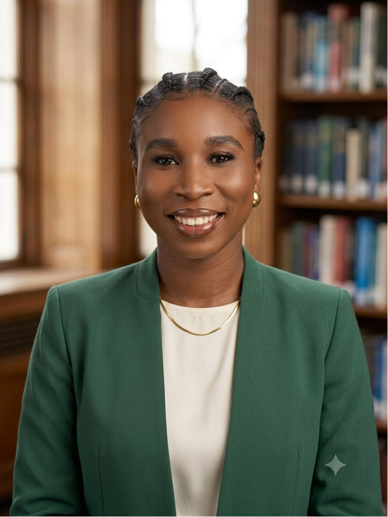 Olayinka Adejoro in a green blazer in a library