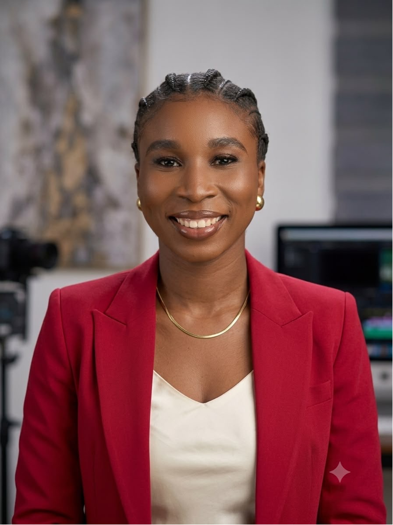 Olayinka Adejoro in a red blazer in a creative studio